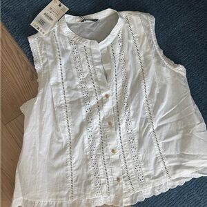 Zara White Eyelet Lace-Trim Sleeveless Blouse